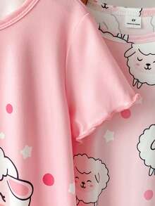 Genkimix Kids 2件套女童轻薄卡通绵羊印花连衣裙和短袖长睡袍睡衣套装，可爱时尚，夏季必备 - 淺粉色 - 查看 6