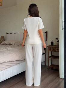 Napfluff 女士蕾丝边提花休闲家居服套装 - 白色 - 查看 2