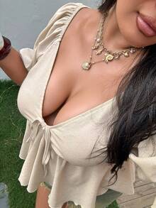 Dazy Plus Plus Size Women's Solid Color Gathered Tie Front Ruffle V-Neck Casual Vacation Summer Crop Top Shirt Gym Brown - Apricot - View 6