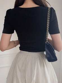 FRIFUL Áo thun nữ phối màu nhiều lớp, xếp nếp, thắt nơ, chất liệu lưới xuyên thấu, dáng ôm vừa vặn, thích hợp cho mùa xuân và mùa hè. - màu đen - Xem 5