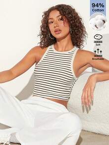 SHEIN BASICS Women's Casual Striped Fitted Cropped Tank Top, Summer Tops For Ladies Casual Summer Tops - Black and White - View 5