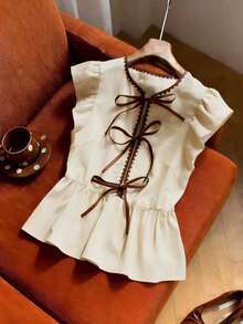 GlowEve Elegant Sexy Tea Party Golf Linen Blouse In White,Summer Round Neck Shell Embroidery Ruffle Trim Flutter Sleeve Cinched Waist - Apricot - View 4