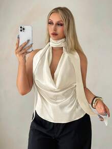 Auralis Top polyvalent et décontracté pour port quotidien, couleur unie, style licou, tailles grandes - Nude - Voir 2