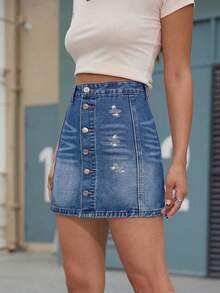 SHEIN Essnce Chân váy ngắn denim đính đá hoa cài cúc cho nữ, thích hợp cho mùa xuân/hè. - Rửa trung bình - Xem 4