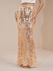 Arave Chân váy nữ dệt kim sa và vải đính sequin, kiểu đuôi cá, thanh lịch cho những buổi hẹn hò. - Màu be - Xem 6