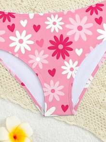SHEIN 少女泳装套装，粉色碎花印花，舒适针织面料，适合海滩、沙滩、休闲、度假、旅行、夏季穿着 - 彩色 - 查看 3