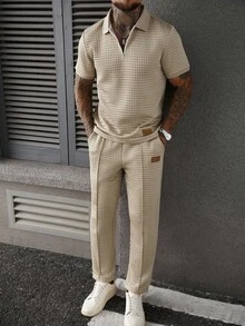 Manfinity CasualCool Plus Size Men's Casual Solid Color Textured Fabric Short Sleeve Polo Shirt And Seam Front Pants Set, Suitable For Spring, Summer And Autumn - Khaki - View 3