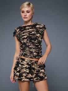 COUREZ Cap Sleeve Camo Frill JerseyTop And Booty Shorts Skort Two Piece Set /Y2K Summer Outfits For Women 2 Piece Sets Going Out Outfits Camo Tops Camo Shorts Mini Shorts Short Sleeve Tops Summer Clothes For Women Festival Outfits Festival Tops Party Outfits Concert Outfits Spring Outfits For Women - Multicolor - View 5
