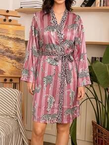 Chillnights Women's Casual Colorblock Leopard & Striped Print Loose Comfortable Satin Robe - Pink - View 3