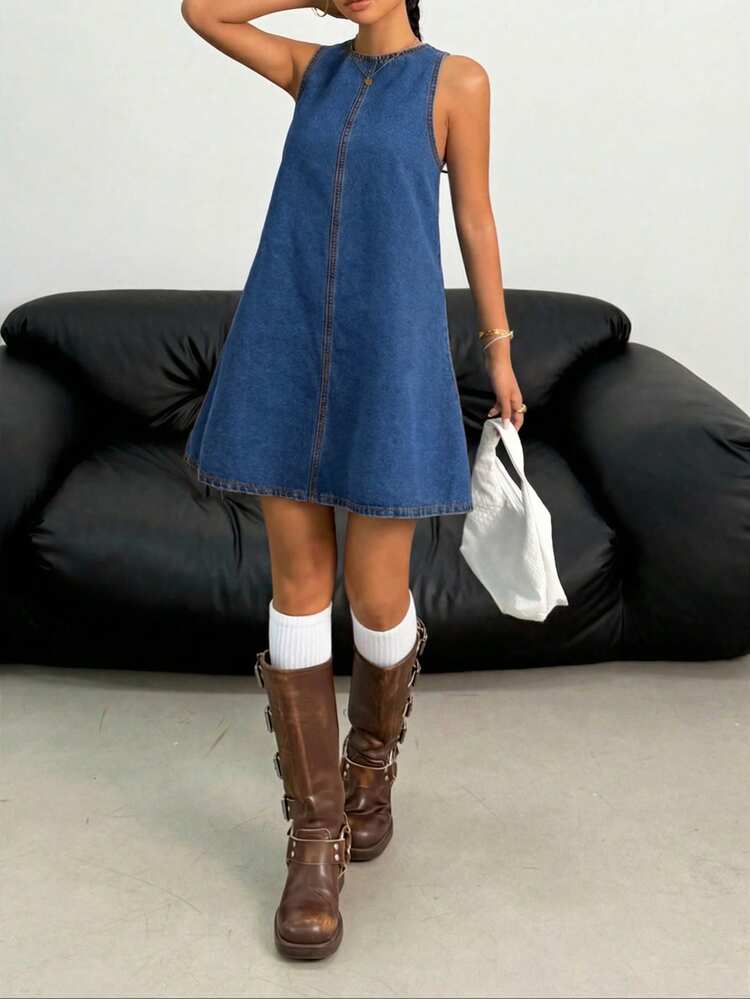 Vestido vaquero sin mangas con lazo, de unicolor y estilo minimalista casual para adolescentes - Azul lavado medio - Añade 6