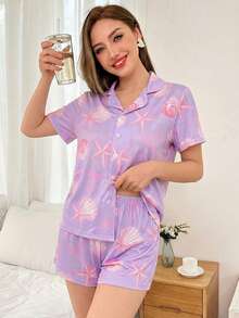 女童蝴蝶印花开衫短袖上衣和短裤两件套睡衣，优雅时尚 - 紫色 - 查看 9