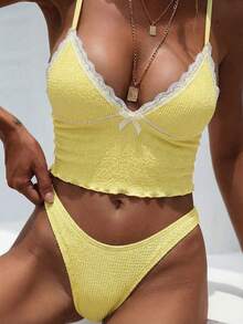 SHEIN Swim 春夏阳光沙滩泳装两件套，甜美可爱碎花褶皱蝴蝶结蕾丝边装饰女士吊带比基尼 - 黃色 - 查看 4