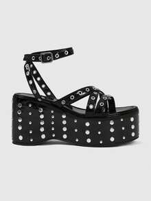 ROMWE Grunge Punk Giày sandal đế xuồng đính kim tuyến, khóa cài nhọn dành cho nữ. - màu đen - Xem 1