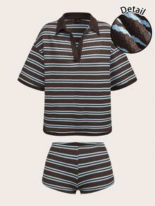 SHEIN ICON Set de 2 piezas con camiseta de polo de cuello holgado a rayas de contraste azul y morado en estilo minimalista casual, y shorts a juego, adecuado para primavera/verano, estilo universitario, temporada deportiva - Multicolor - Ver 1