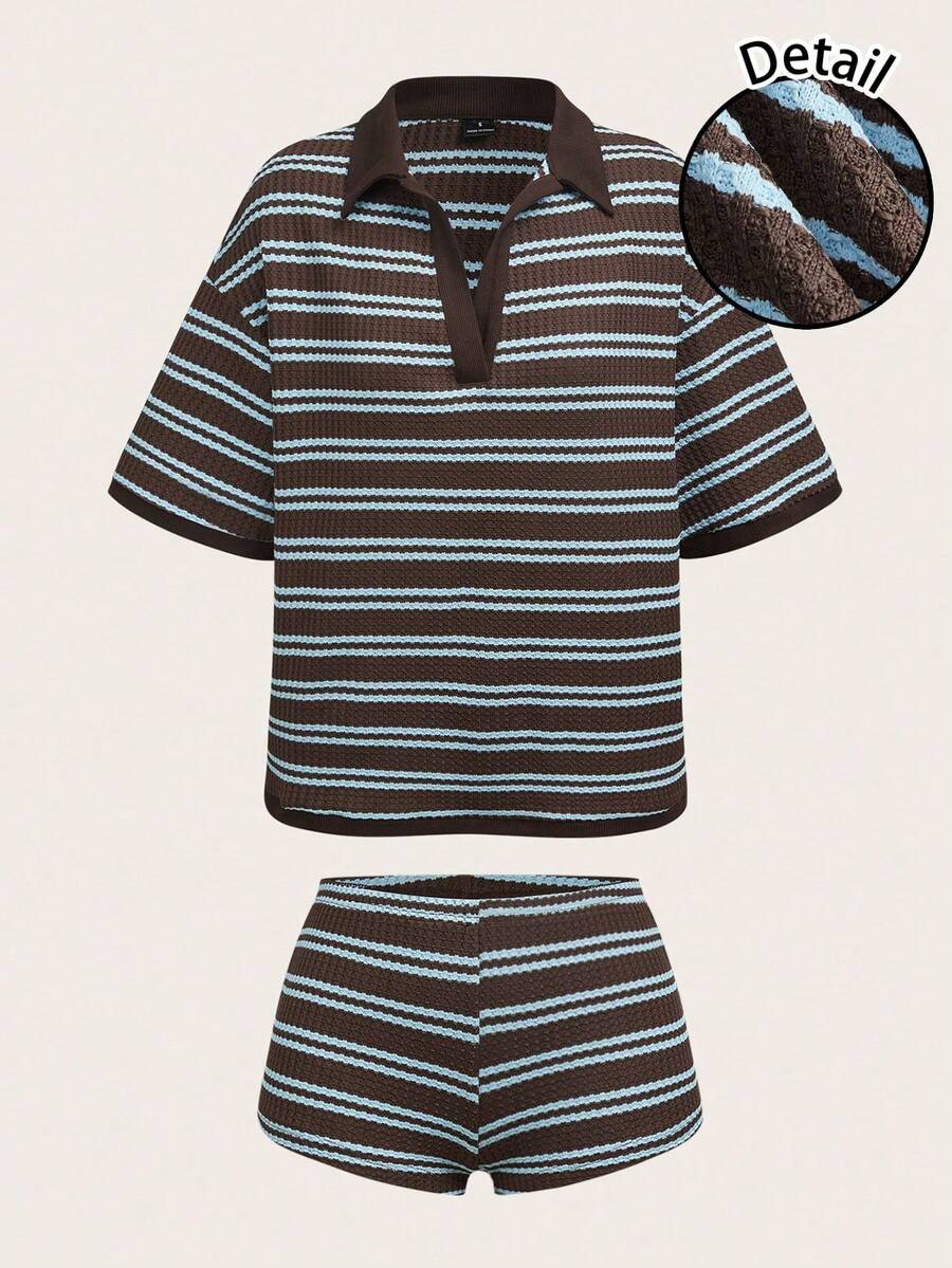 SHEIN ICON Set de 2 piezas con camiseta de polo de cuello holgado a rayas de contraste azul y morado en estilo minimalista casual, y shorts a juego, adecuado para primavera/verano, estilo universitario, temporada deportiva - Multicolor - Ver 1