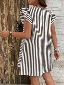 SHEIN VCAY Plus Size Casual Striped Pattern Flutter Sleeve Dress - Coffee Brown - View 2