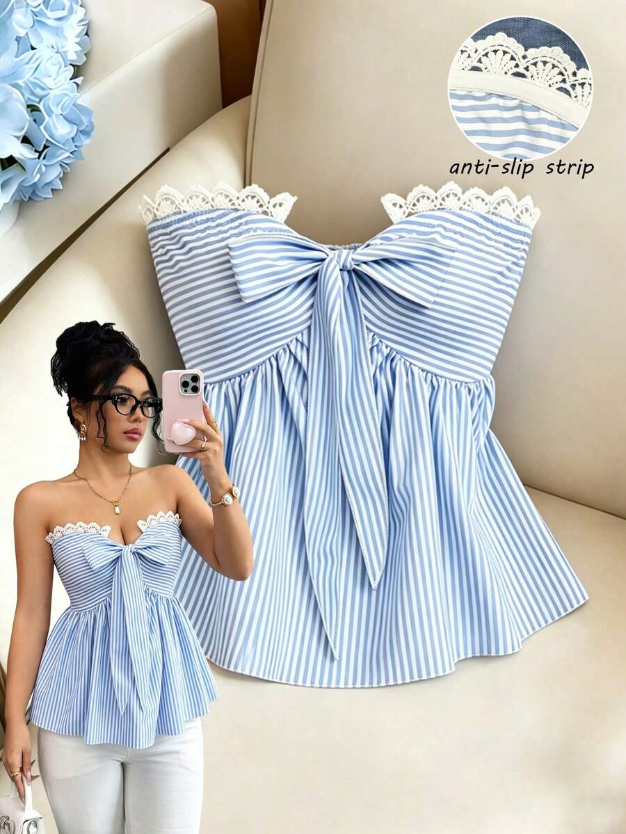 GlowEve Áo hai dây nữ kiểu dáng thường ngày, kẻ sọc, viền ren, buộc dây phía trước, thích hợp cho mùa hè. - Xanh và trắng - Xem 1