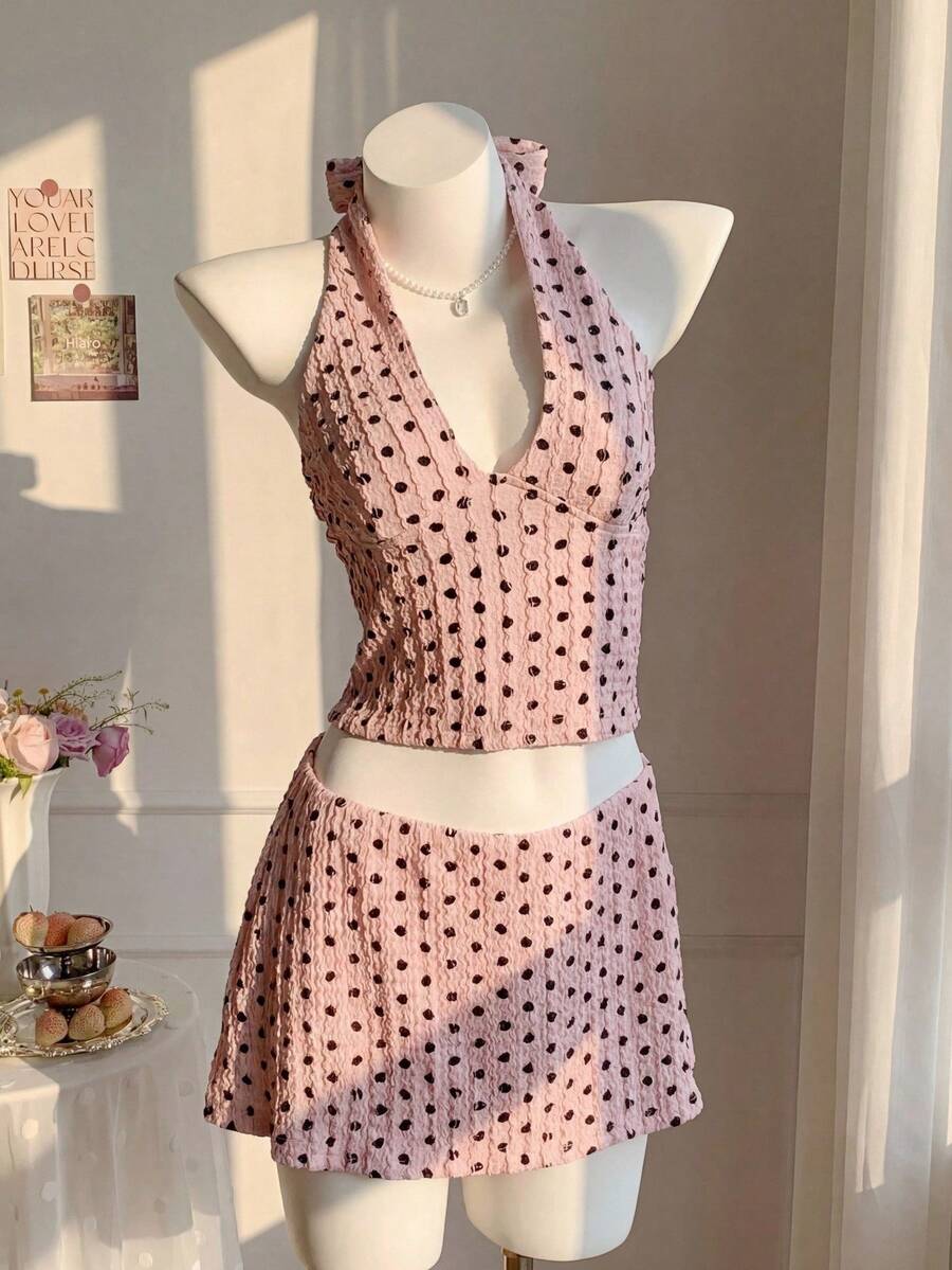 Comfortcana Women's 1960s Cute Vintage Pink And Black Polka Dot Summer Vacation 2-Piece Set,Textured Ruched Halter Neck Tie Waist Top And Skirt,Beach Vacation - Pink - View 1