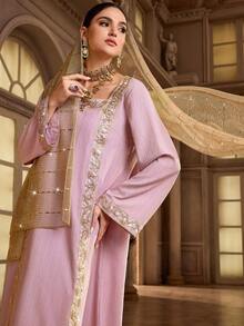 Al Najma Robe de style arabe élégante avec décoration de ruban pailleté pour femmes - Vieux Rose - Voir 7