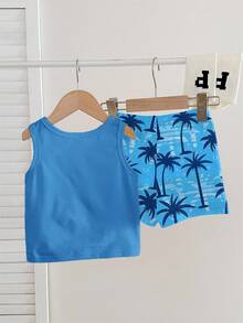 Bộ 2 món đồ đi biển thời trang thường ngày cho bé trai, áo ba lỗ in hình cây dừa và quần short phối màu in hình cây dừa, thích hợp cho mùa xuân/hè, kỳ nghỉ, đi biển, bơi lội. - Nhiều màu - Xem 5