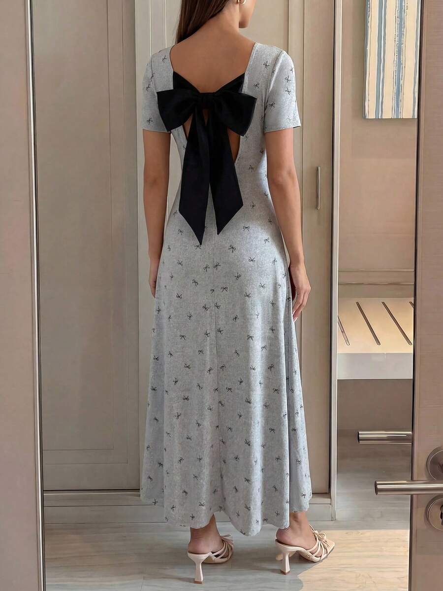 Feyla Vestido cómodo de mujer de cuello cuadrado con lazo y cintura ceñida, de longitud media, para verano - Gris - Ver 1