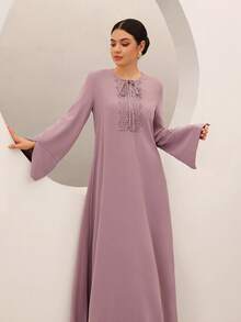 Graceveil Women's Solid Color Embroidered Twist Long Sleeve Dress, Elegant Holiday Shades Of Pink Autumn - Purple - View 2