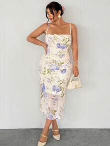 Firerie Plus Size Elegant Minimalist Spaghetti Strap Full Print Pink Playful Date Afternoon Tea Fitted Mermaid Midi Dress - Blue - View 5