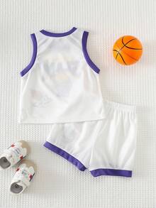 Cozy Pixies Set Rompi Jala Patchwork Blok Warna dan Celana Pendek Olahraga Longgar untuk Bayi Laki-laki, Cocok untuk Jersey Olahraga - Blue and White - View 3