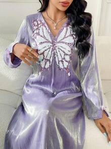 Yasmyna Đầm nữ cổ chữ V họa tiết bướm, kiểu dáng Ả Rập, thích hợp cho các buổi tiệc tùng, dạo phố hoặc các hoạt động thường ngày. - Màu tím - Xem 1