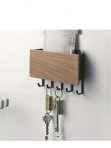 1pc Wall Mounted Key Holder Rack, Wooden Multi-Purpose Storage Organizer - Multicolor - View 3