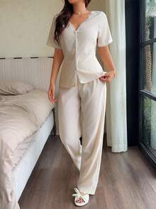 Napfluff 女士蕾丝边提花休闲家居服套装 - 白色 - 查看 6