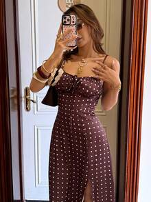 Serisse Đầm nữ mùa hè đi biển, họa tiết chấm bi, xếp ly ở phần ngực, xẻ tà, dây mảnh, dài đến đầu gối. - màu nâu - Xem 3