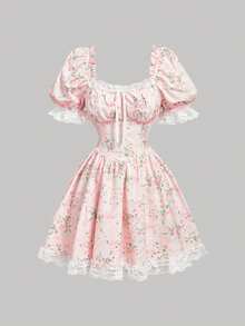 SHEIN MOD Pink Floral Lace Ruffle Petal Sleeve Mini Dress - Pink - View 2