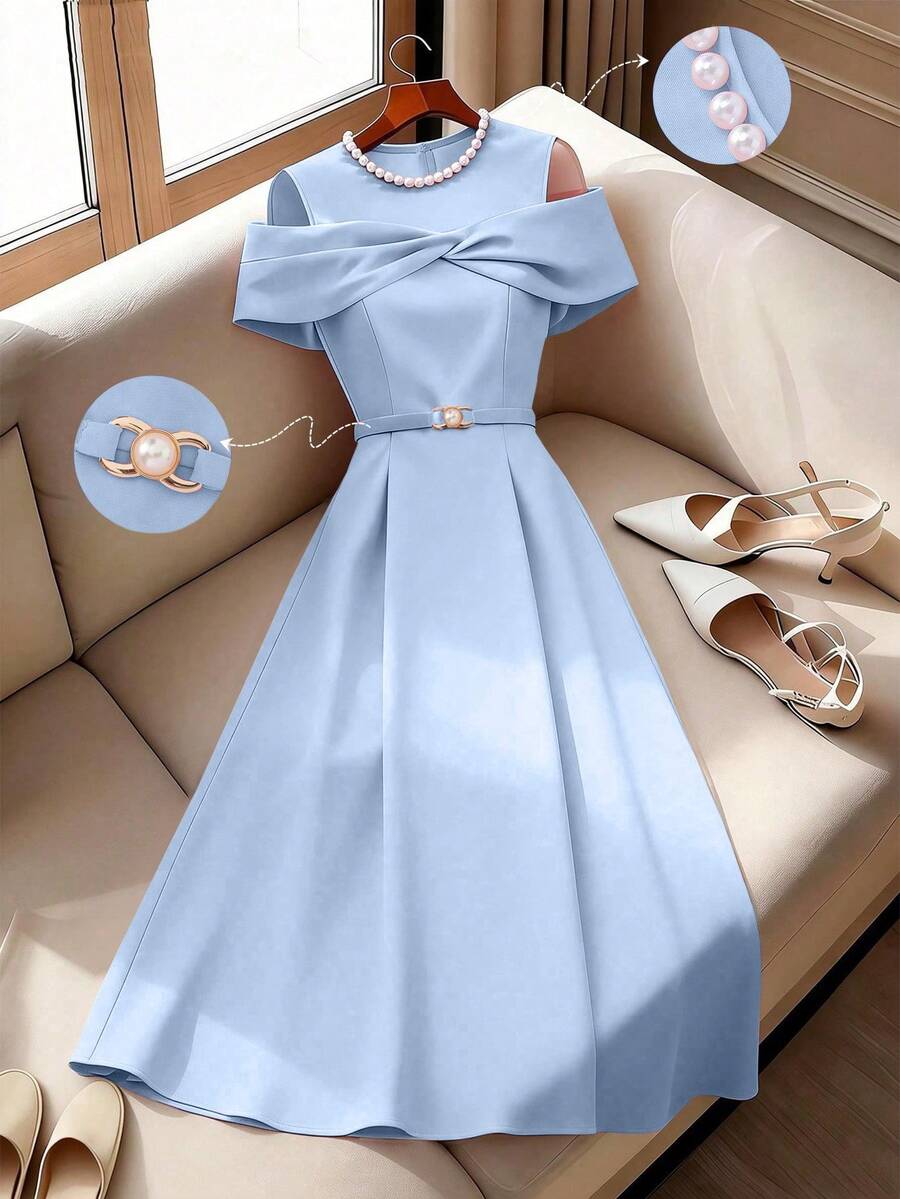 GlowEve 女士珍珠装饰圆领收腰A字露肩优雅日常度假通勤时尚情人节约会法式街头复古百搭派对浅粉色早春/秋季短袖中长连衣裙 - 淺藍色 - 查看 1