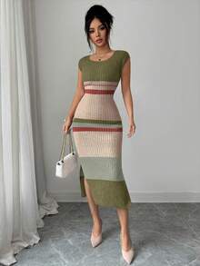 Elenzga Women's Spring/Summer New U-Neck Fitted Mid-Length Hem Slit Half Sleeve Elegant High-End Knit Dress, Striped Design, Versatile Lady Style - Multicolor - View 4