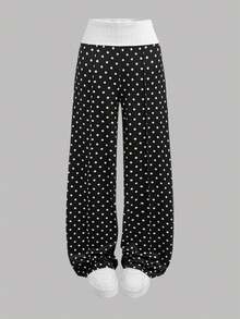 SHEIN Girlism Áo lót nữ tuổi teen phong cách retro hàng ngày, quần dài dệt kim gân màu đen ống rộng chấm bi Pháp đen trắng, quần ống loe rộng, quần thể thao chấm bi, quần thể thao ống loe, quần thể thao dễ thương, quần thể thao nữ tuổi teen. - Đen và trắng - Xem 4