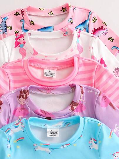 SHEIN [Set de 2 piezas] Pijama de punto ajustado con estampado de unicornio de dibujos animados de manga corta y pantalón corto para niñas, surtido aleatorio