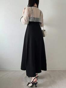 FRIFUL 女士前系带长袖上衣和吊带连衣裙优雅两件套家居服套装 - 黑色 - 查看 2