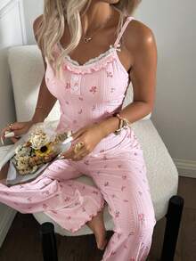 CottageSlumber Floral Lace Patchwork Backless Design Women Pajama Jumpsuit - Pink - View 4