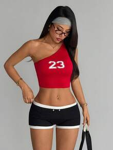 SHEIN HypeZone Áo tank top thể thao không tay in số thời trang dành cho nữ, thích hợp cho mùa hè. - Màu Đỏ Sâu - Xem 3