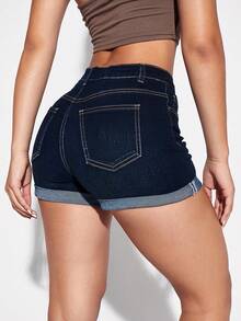 SHEIN Essnce Women's Solid Color Minimalist Casual Denim Shorts - Dark Wash - View 2