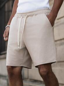 PAVTROS Men's Casual Cotton Blend Drawstring Waist Elastic Shorts - Khaki - View 3