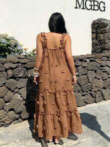 Sunnyshic Plus Size Square Neck Spaghetti Strap A-Line Dress, Vacation Style Holiday Chocolate Brown Summer Boho - Brown - View 2