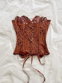 Soleia 鐵鏽棕色蕾絲修身束胸上衣，夏季優雅派對夜店鏤空刺繡女裝 - 鏽棕色 - 查看 2