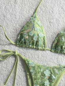 Costavie 2-Piece Floral Sequin Textured Halter Bikini Set, Blue, For Spring/Summer Beach Vacation - Mint Green - View 3