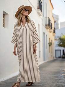 Wandoria Vestido casual y elegante para vacaciones con cuello en V, línea H y estampado de rayas para mujeres - Multicolor - Ver 3