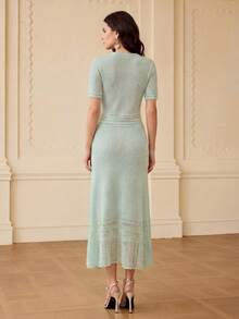 ZEYLAH 镂空针织短袖上衣和修身半裙套装 - 薄荷綠 - 查看 2