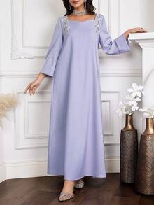 Yasmyna Vestido suelto de estilo árabe con decoración de rhinestones de unicolor para mujer - Morado - Ver 7