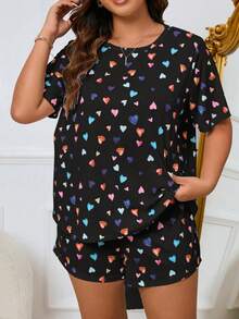 Set de ropa de hogar de talla grande, pijama de camiseta de manga corta y pantalones cortos con estampado - Negro - Ver 4