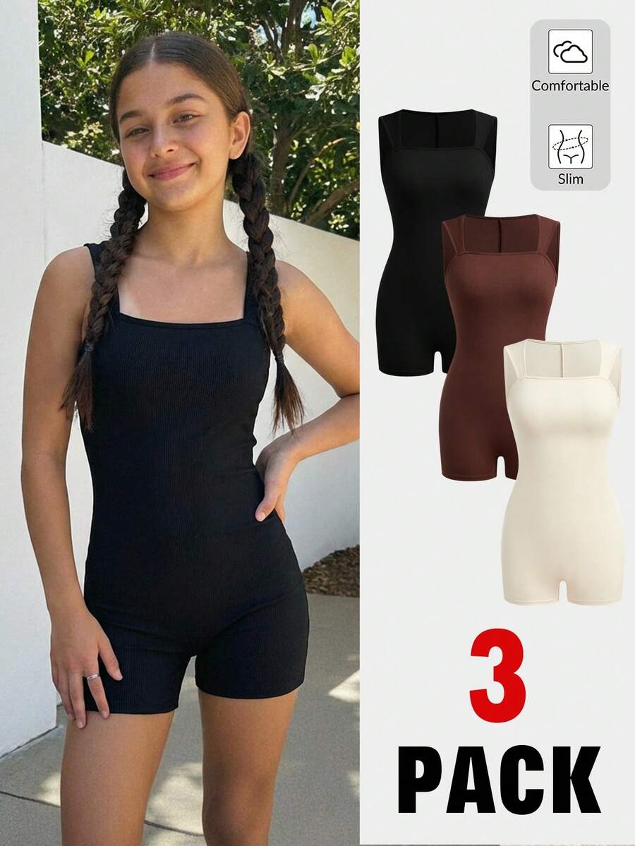 Girlism Bộ đồ liền thân 3 mảnh cho bé gái tuổi teen, kiểu dáng tối giản, màu trơn, cổ vuông, không tay, phong cách thể thao thường ngày ôm sát. - màu nâu - Xem 1